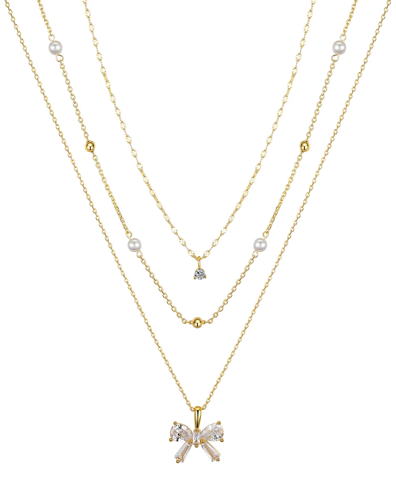 Unwritten Cubic Zirconia and Mother of Pearl Bow Layered Pendant Necklace Set