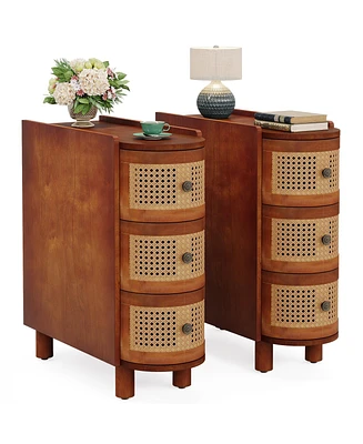 Tribesigns Solid Wood End Table Set of 2, 3-Drawer Rattan Side Table, Night Stand with 3 Rattan Drawers and Exquisite Embossed Handles for Living Room