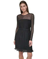 Dkny Petite Jewel-Neck Belted A-Line Pleated Mesh Dress