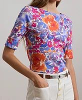 Lauren Ralph Petite Floral Stretch Cotton Boatneck Tee