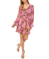 Cece Women's Floral-Print Long-Sleeve Tiered Dress