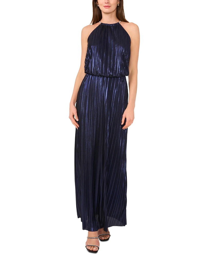 Msk Women's Necklace-Neck Pleated Metallic Sleeveless Gown