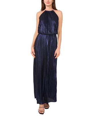 Msk Women's Necklace-Neck Pleated Metallic Sleeveless Gown