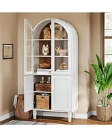 Tribesigns 68" Tall Arched Storage Cabinet, White 5-Tier Display Bookcase with Doors and Adjustable Shelves, Farmhouse Wooden Bookshelf, Kitchen Pantr