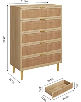 gaomon 5 Drawer Dresser for Bedroom, Rattan Chest of Drawers with Deep Drawers