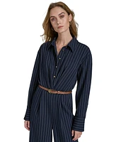 Halston Women's Pinstripe Long-Sleeve Belted Wide-Leg Jumpsuit