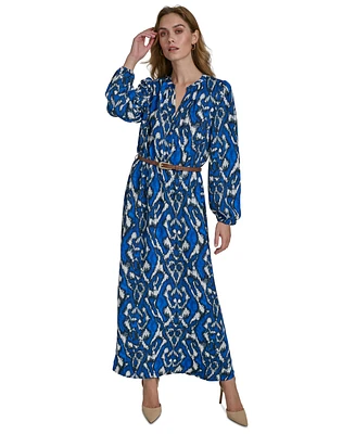 Halston Women's Printed Long-Balloon-Sleeve Belted Dress