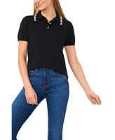 CeCe Women's Short Sleeve Polo Sweater with Embellished Collar