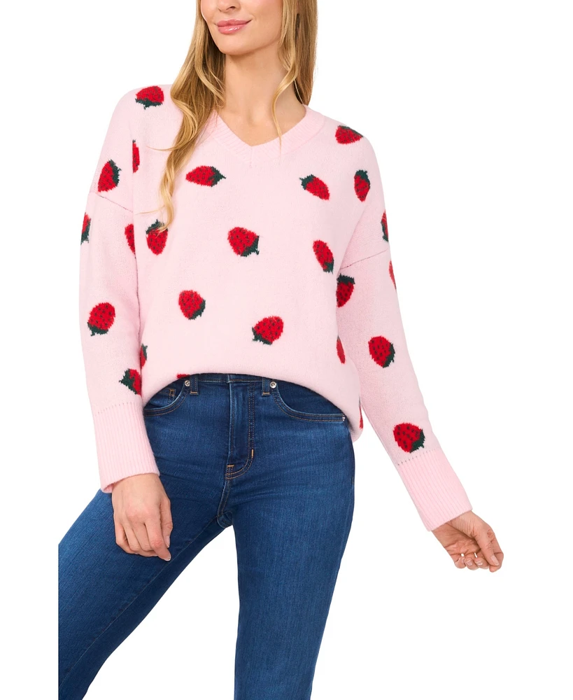 CeCe Women's Strawberry Jacquard V-Neck Sweater