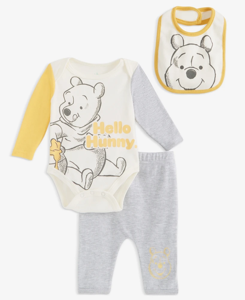 Disney Baby Winnie-the-Pooh Bib, Bodysuit & Pants, 3 Piece Set