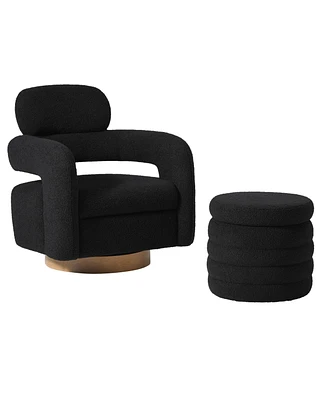 WestinTrends Mid-Century Modern Faux Sherpa Swivel Barrel Accent Chair With Storage Ottoman