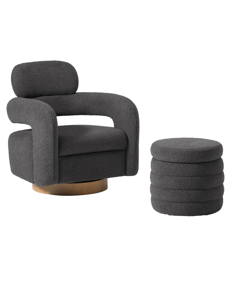 WestinTrends Mid-Century Modern Faux Sherpa Swivel Barrel Accent Chair With Storage Ottoman