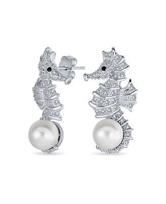 Bling Jewelry Nautical Cubic Zirconia Cz White Simulated Pearl Seahorse Earrings Brass