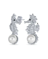 Bling Jewelry Nautical Cubic Zirconia Cz White Simulated Pearl Seahorse Earrings Brass