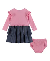 Andy & Evan Baby Girls Pink Rib Knit Top w/Attached Chambray Tiered Skirt Set