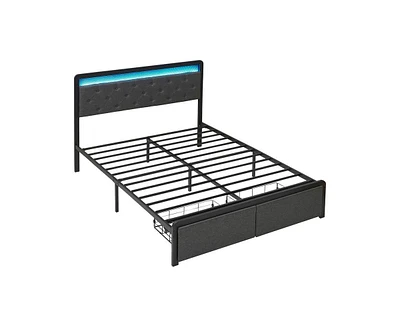 gaomon Queen Bed Frame with Led Lights Headboard, Upholstered Bed with Headboard and 2 Storage Drawers, Strong Metal Slats Support, Easy Assembly