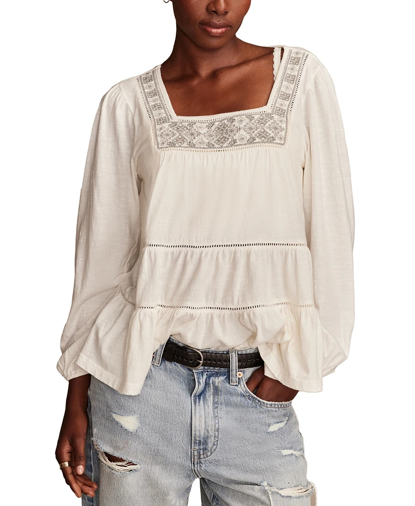 Lucky Brand Women's Square-Neck Embroidered Peasant Top