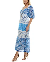 Trixxi Juniors' Printed Cutout-Front Elbow-Sleeve Maxi Dress