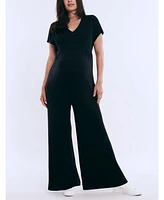 Motherhood Maternity Short Sleeve V-Neck Flare Leg Jumpsuit