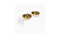 Hiddin Medium Clear Double Bowl Pet Feeder, 1 Quart Gold Bowls