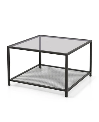 Gouun Modern 2-Tier Square Glass Table with Mesh Shelf