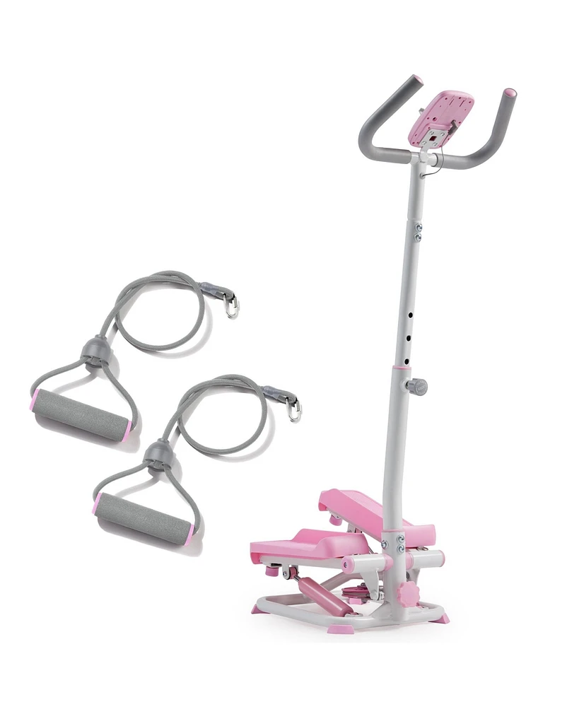 Sunny Health & Fitness Pink Mini Stepper w Handlebar & Resistance Band, Compact Stair Climber Cardio Machine w Free SunnyFit App Connect Via Bluetooth