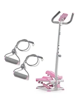 Sunny Health & Fitness Pink Mini Stepper w Handlebar & Resistance Band, Compact Stair Climber Cardio Machine w Free SunnyFit App Connect Via Bluetooth