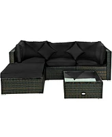 Gouun 5 Pieces Cushioned Patio Rattan Furniture Set with Glass Table