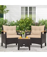 Gouun Patio Wicker Loveseat Sofa with Multipurpose Ottoman and Retractable Side Tray