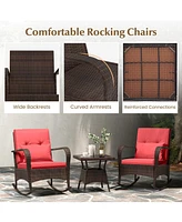 Gouun 3 Pieces Outdoor Rocking Set with Tempered Glass Table for Backyard Poolside