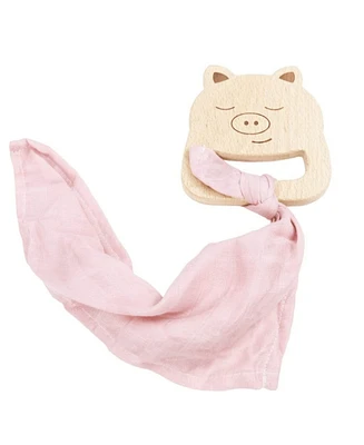 GooseWaddle Pig Wooden Teether & Pink Blankie