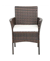 Gymax Patio 2PCS Rattan Arm Dining Chair Cushioned Sofa Furniture Brown