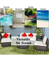6 Pieces Patio Rattan Furniture Set with Sectional Cushion and Ottomans