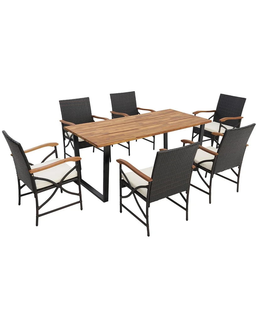 Gouun Acacia Wood Table and 6 Wicker Chairs with Umbrella Hole-x-side Handrail