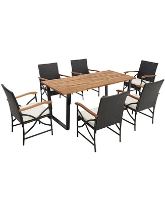 Gouun Acacia Wood Table and 6 Wicker Chairs with Umbrella Hole-x-side Handrail
