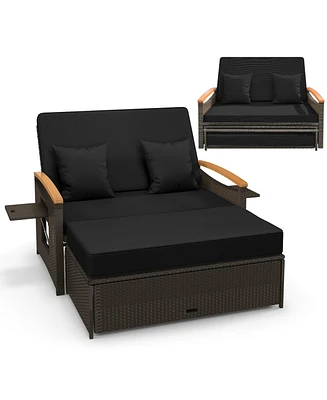 Gouun Outdoor Wicker Daybed with Folding Panels and Storage Ottoman