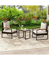 Gouun 3 Piece Patio Conversation Set with Solid Acacia Wood Armrests and Tabletop