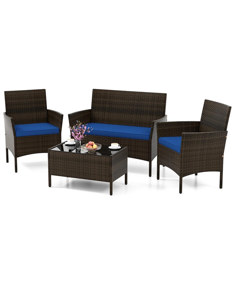 Gouun 4 Piece Patio Rattan Conversation Set with Cozy Seat Cushions