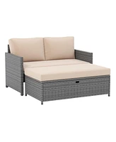 Gouun Outdoor Rattan Daybed Wicker Loveseat and 31 Gallon Storage Ottoman