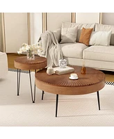 Gouun Set of 2 Boho Round Table with Solid Pine Wood Top and Metal Legs