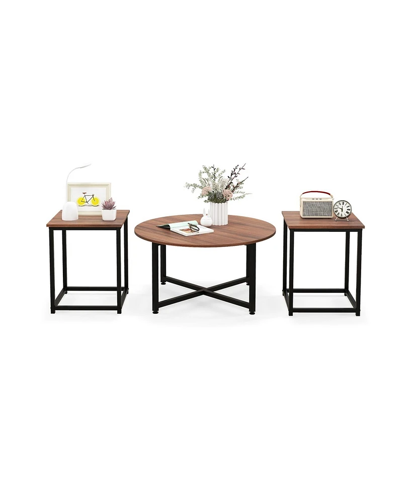 Gouun 3-Piece Table Set Round Table and 2PCS Square End Tables