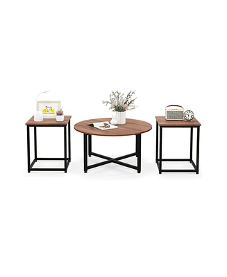 Gouun 3-Piece Table Set Round Table and 2PCS Square End Tables