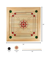 Hey Play Wooden Carrom Board Game with Cue Sticks