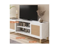 gaomon Rattan Tv Stand for 65 inch, Modern Entertainment Center with Marble Color Design, Tv Console Table with Storage, Doors and Shelves