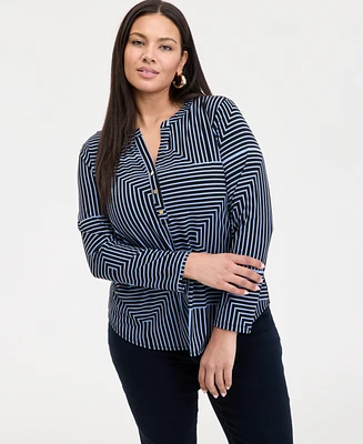 INC Plus Printed Split-Neck Top, Exclusively at Macy's