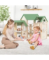 Gymax Wooden Corner Dollhouse Playset with 36 Pieces of Furniture and Accessories