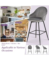 Gymax Set of 4 Velvet Bar Stools Swivel Pub Height Dining Chairs w/ Metal Legs Gray