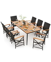 Gouun 79 Inch Outdoor Acacia Wood Dining Table and 8 Rattan-woven Dining Chairs with Umbrella Hole