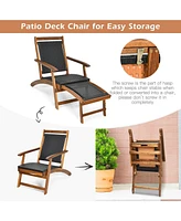 Gouun Patio Rattan Folding Lounge Chair with Acacia Wooden Frame Retractable Footrest