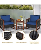 Gouun 3 Pieces Patio Wicker Furniture Set with Acacia Wood Table and Washable Cushion